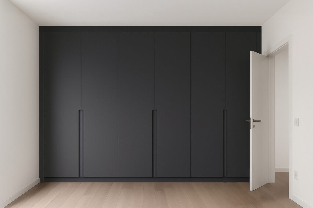 Foto von einem minimalistischen Raum mit großer, schwarzer Schrankwand, hellem Holzboden, weißen Wänden und leicht geöffneter Tür rechts.